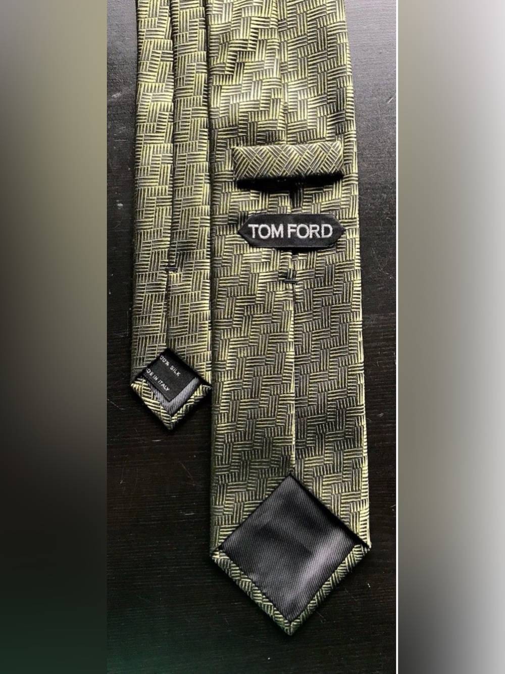 Tom Ford Olive and Black Geometric Woven Silk Tie